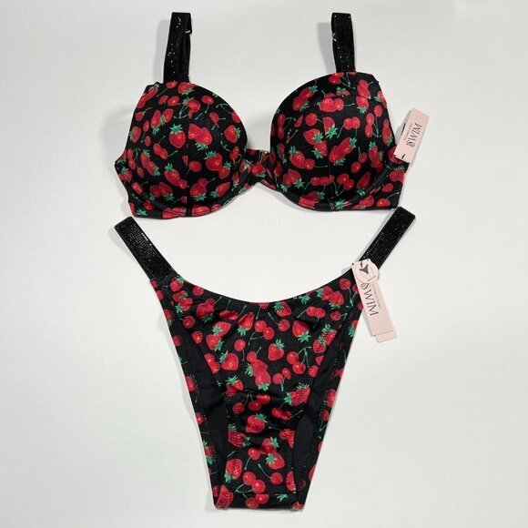 Victoria Secret 34DD M SEXY TEE Push Up Bikini Top Bottom Set Shine Strap Cherry - Picture 2 of 10